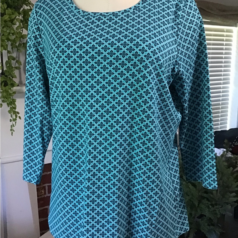 L.L.Bean teal pattern three quarter sleeve 100% cotton knit top .NWOT